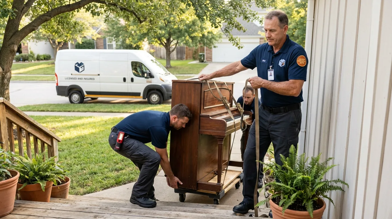 Licensed piano movers securing grand piano in Munising, MI