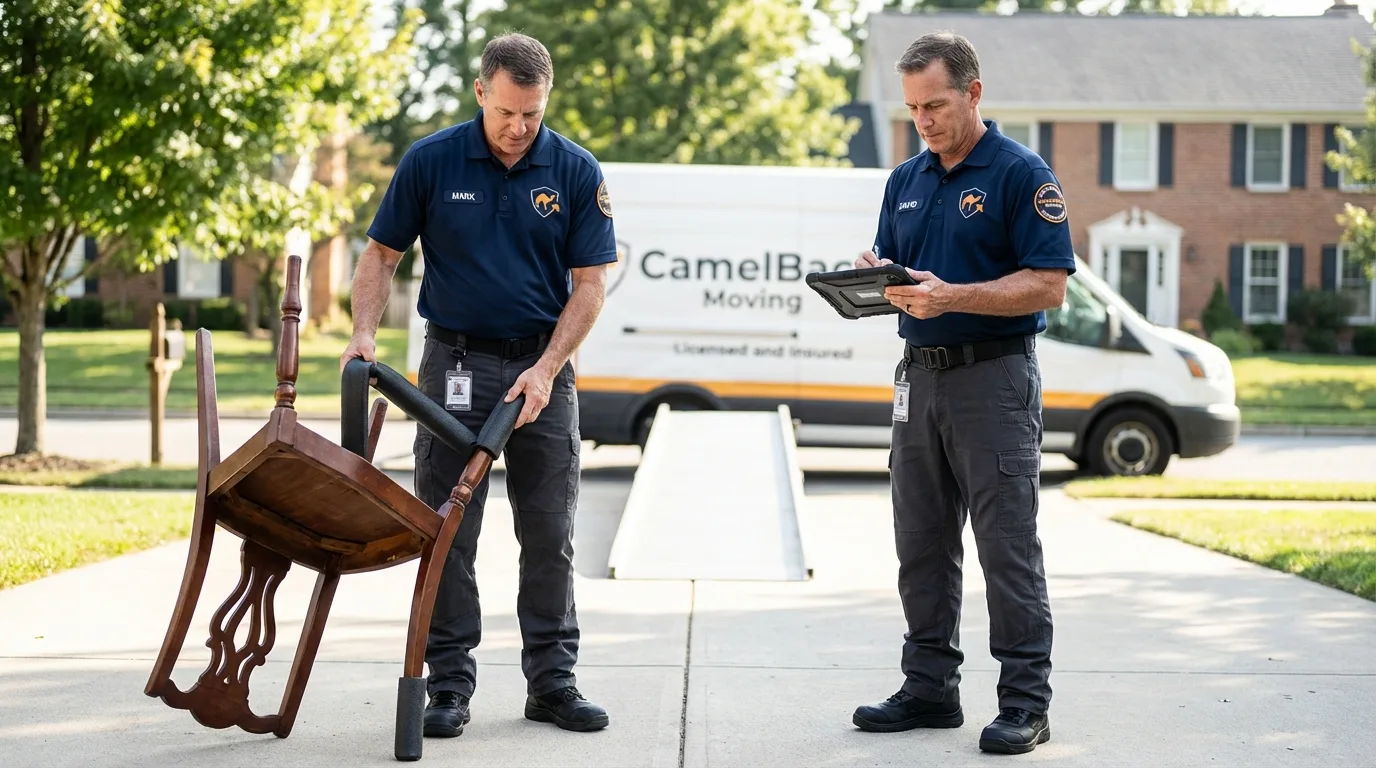 Movers inspecting furniture for damage prevention before loading in Munising, MI