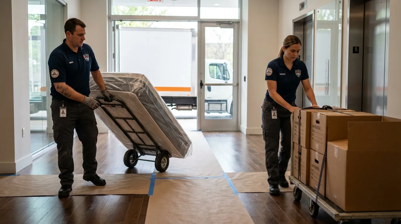 Professional apartment movers loading elevator in Munising, MI